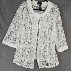 Catherines Black Label Plus 1X Coquette 3/4 Sleeve Lace White Shirt Top Hook